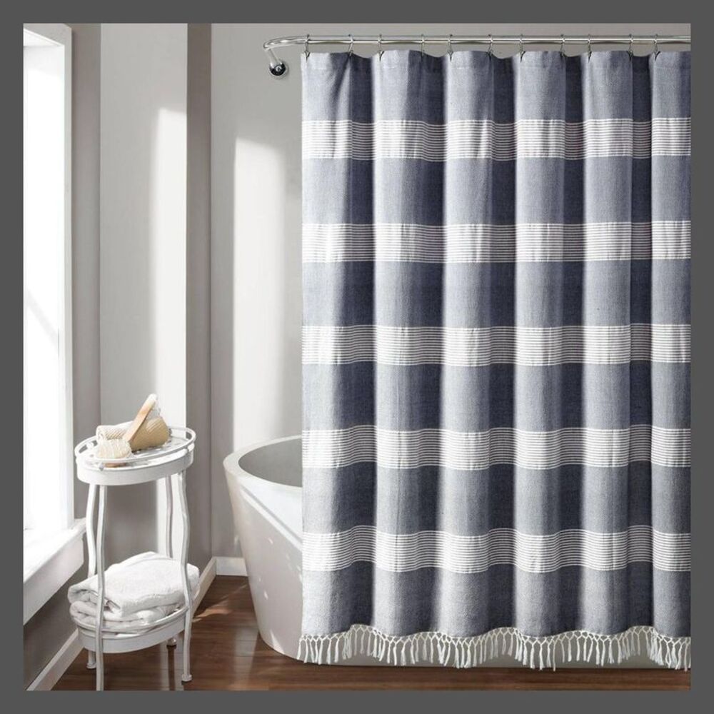 Lush Decor Pinstripes Tassels Boho Cotton Shower Curtain 72"x72" Navy/White